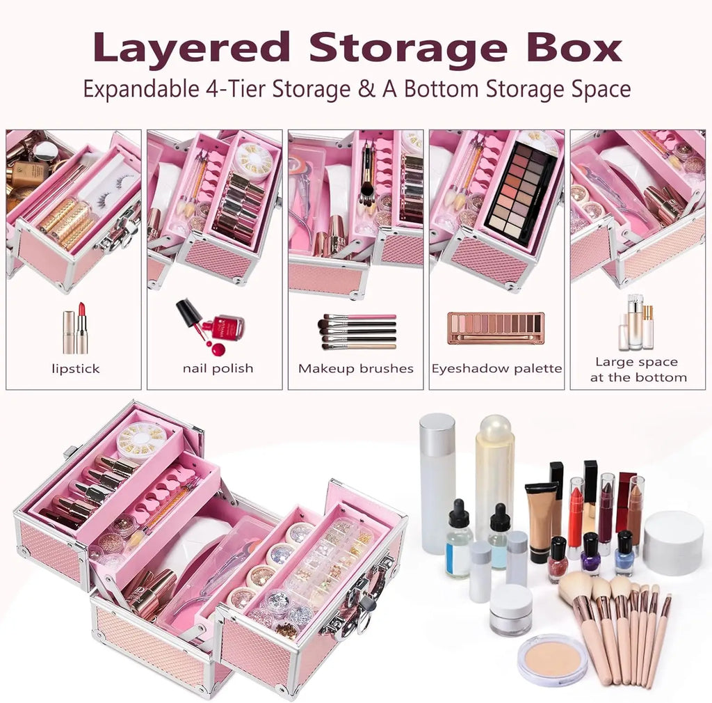 4-Tray Travel Cosmetic Train Case - Pink