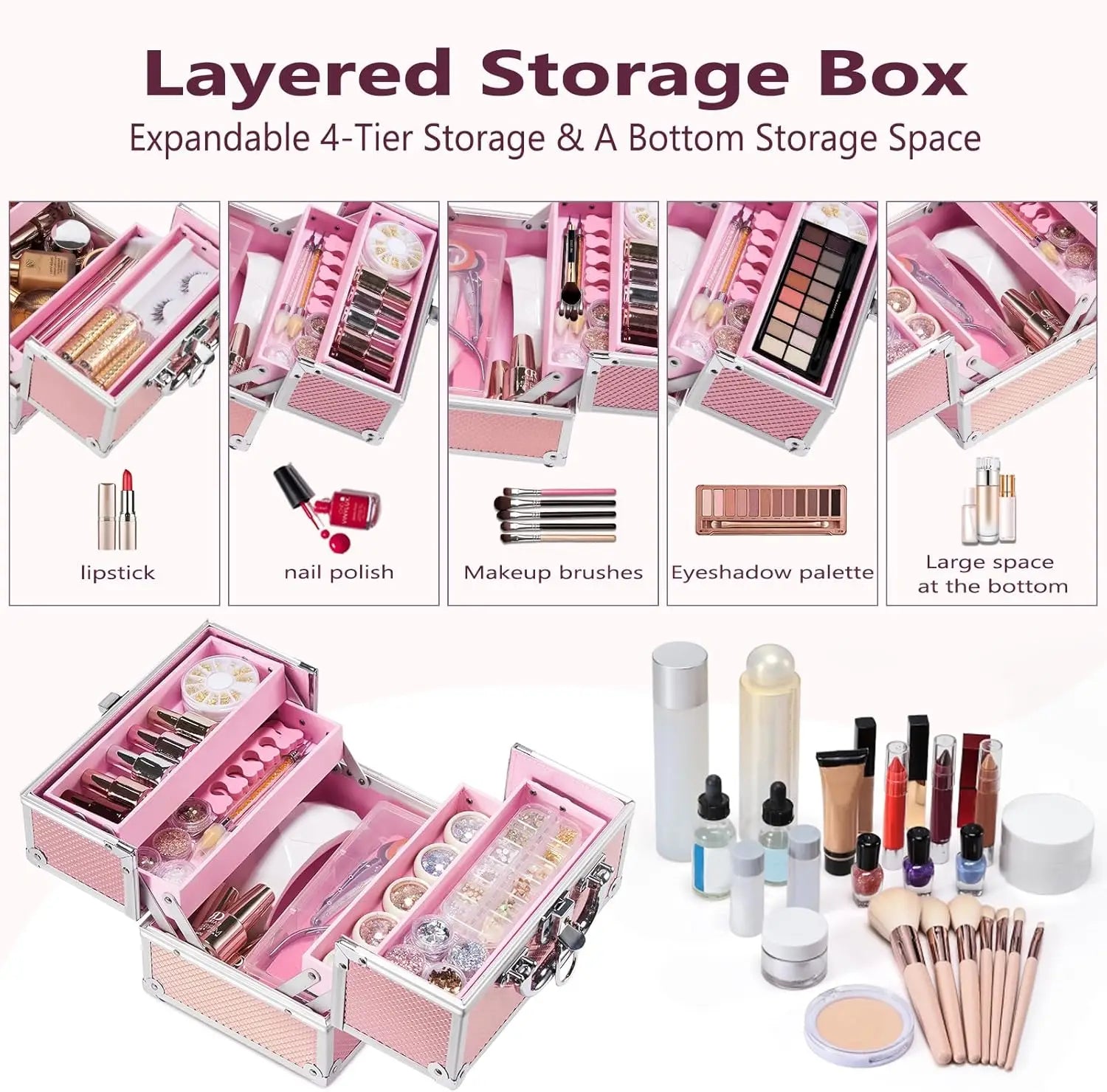 4-Tray Travel Cosmetic Train Case - Pink