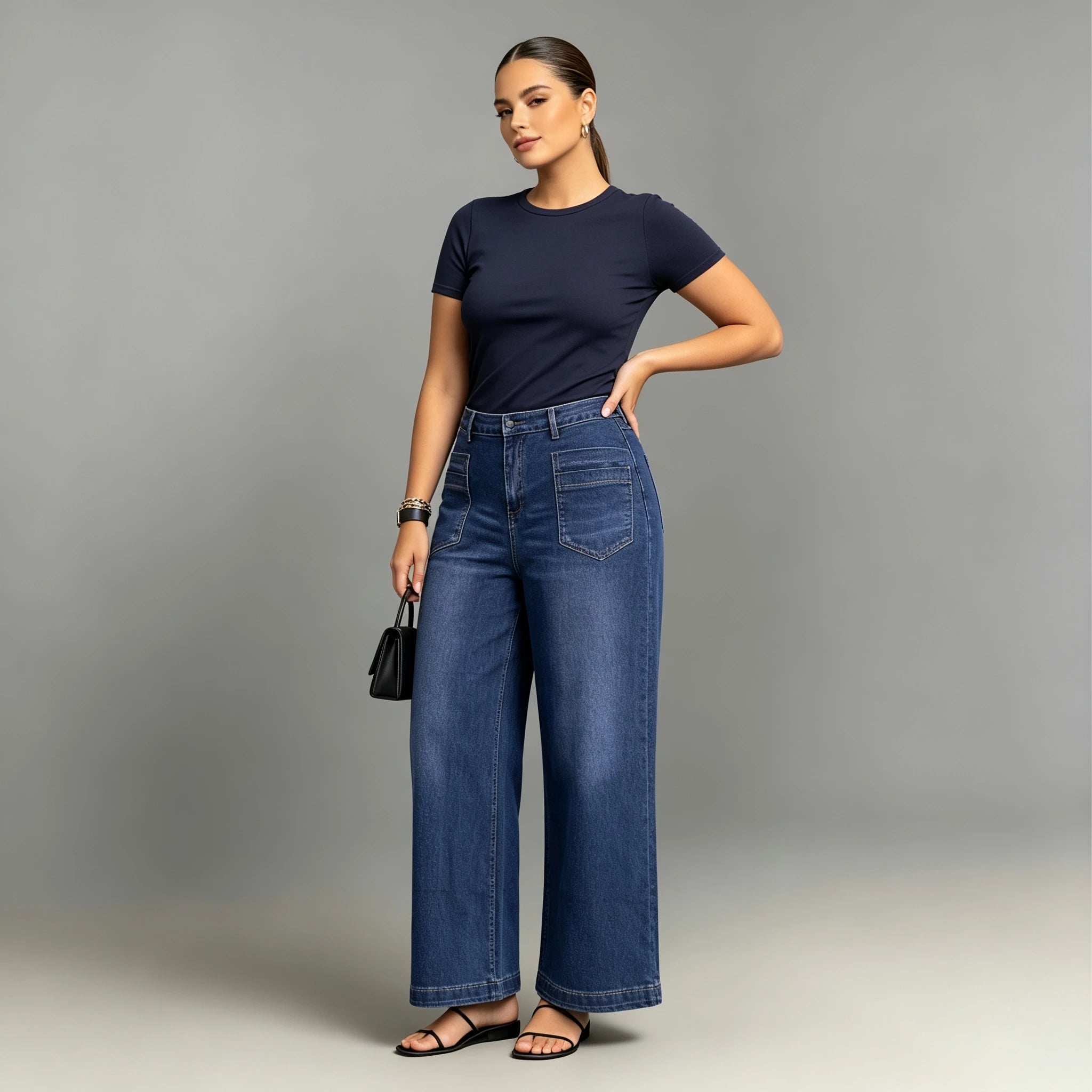 Plus Size Wide Leg Jeans High Waist Blue Denim Front Pocket Curvy Women