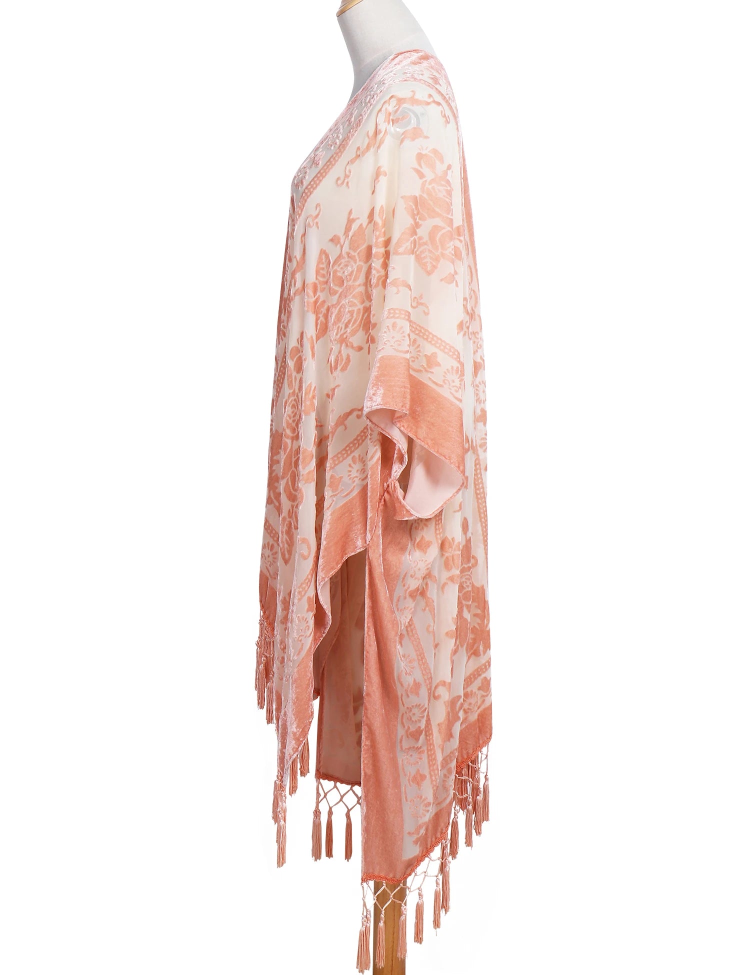 Orange Floral Burnout Velvet Kimono Tassel Shawl Wrap Women 108x90cm