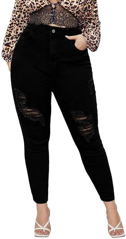 Women Plus Size Black Ripped Skinny Jeans High Waist Distressed Denim