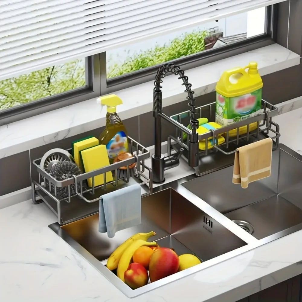 Stainless Steel Sink Sponge Holder Drain Rack Dishcloth Organizer Black