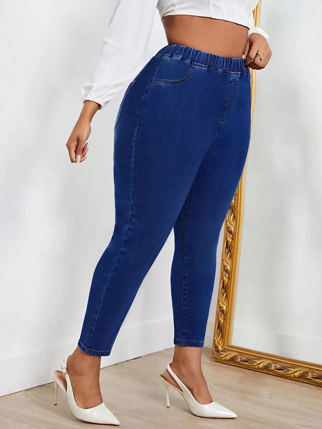 Women Plus Size Navy Skinny Jeans Stretch Mid Rise Denim