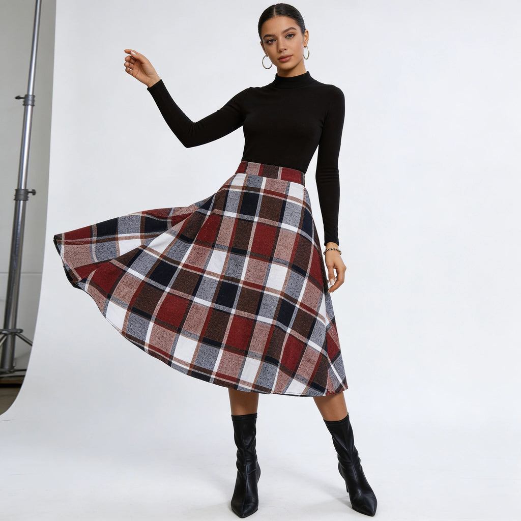 Women's Vintage Plaid A-Line Midi Skirt