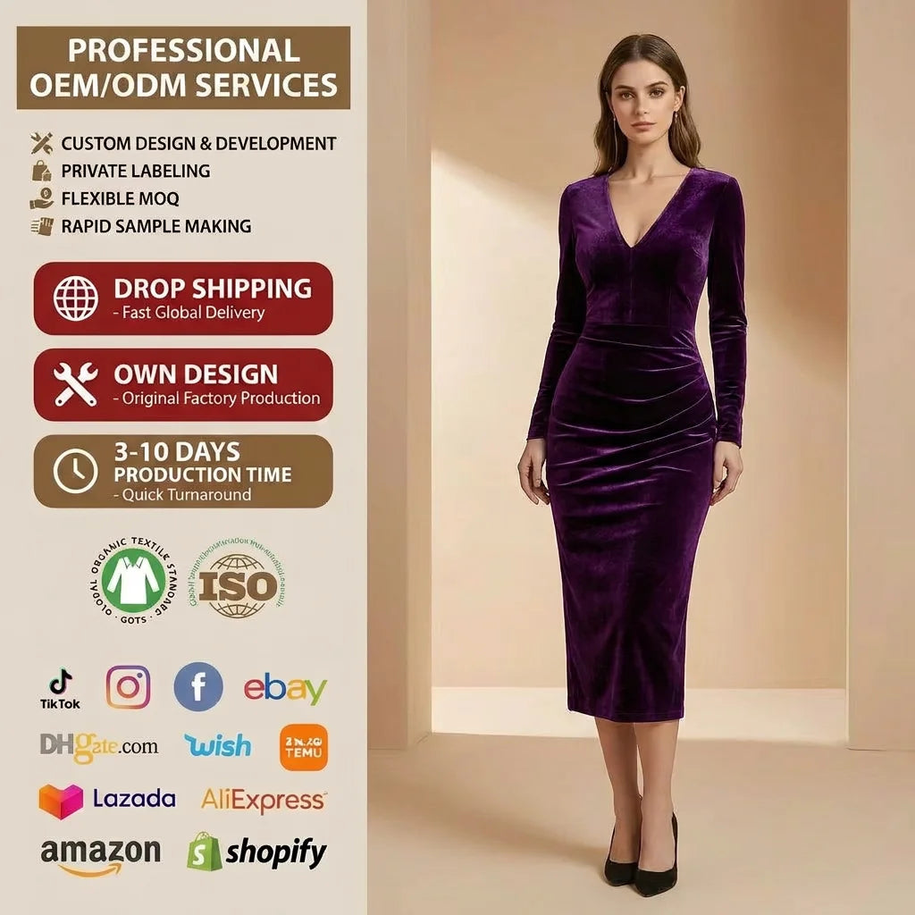 Plus Size Purple Velvet Bodycon Midi Dress Deep V Neck Long Sleeve Women