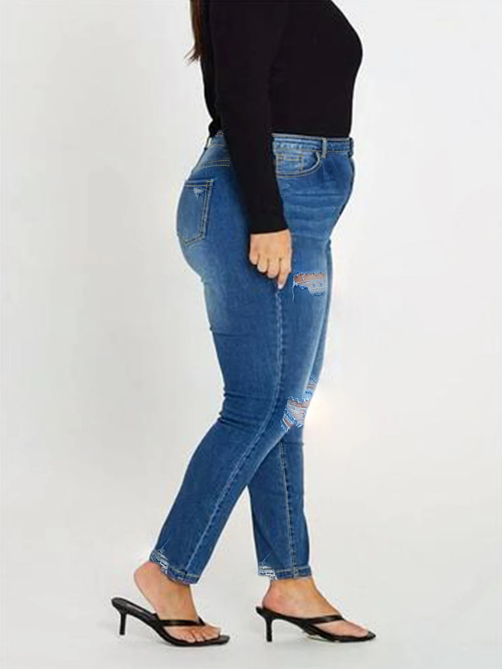 Women Plus Size Blue Ripped Skinny Jeans Stretch Mid Rise Denim