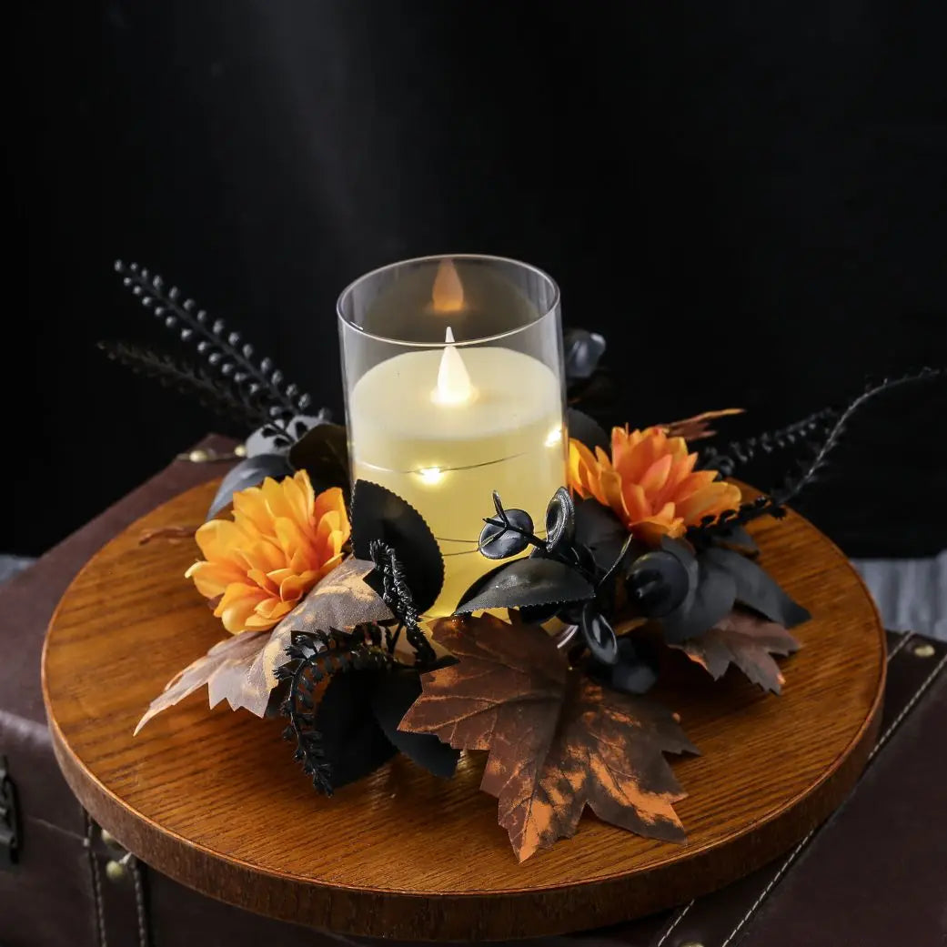 3-Piece Black Maple Leaf Candle Ring Wreath Set