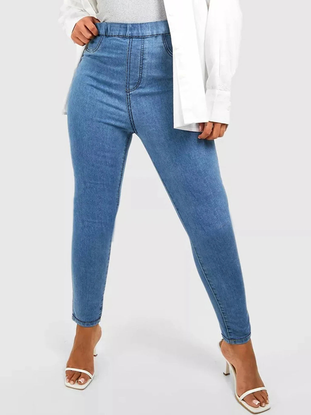 Blue Women Plus Size Skinny Jeans Mid Rise Stretch Dark Wash Denim