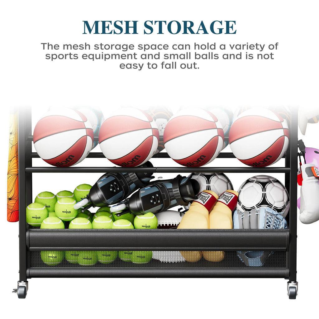 Heavy Duty Rolling Sports Equipment Organizer Ball Storage Rack Hooks