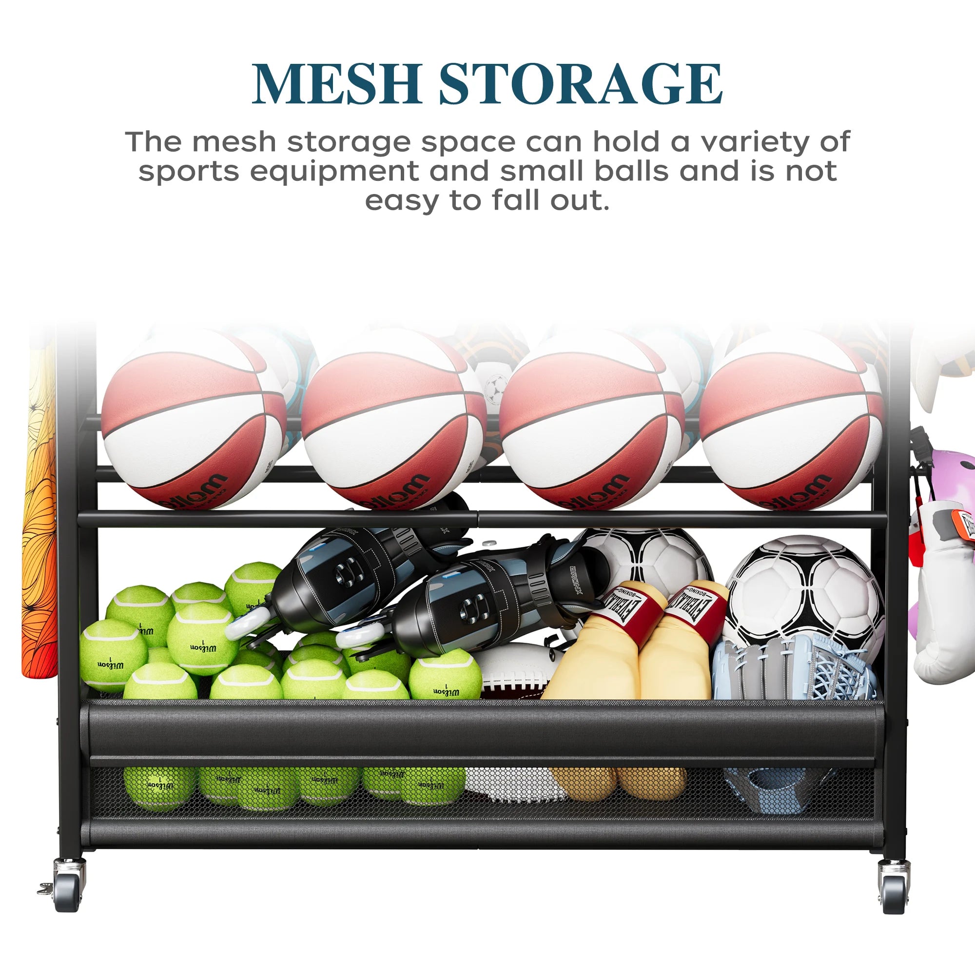 Heavy Duty Rolling Sports Equipment Organizer Ball Storage Rack Hooks