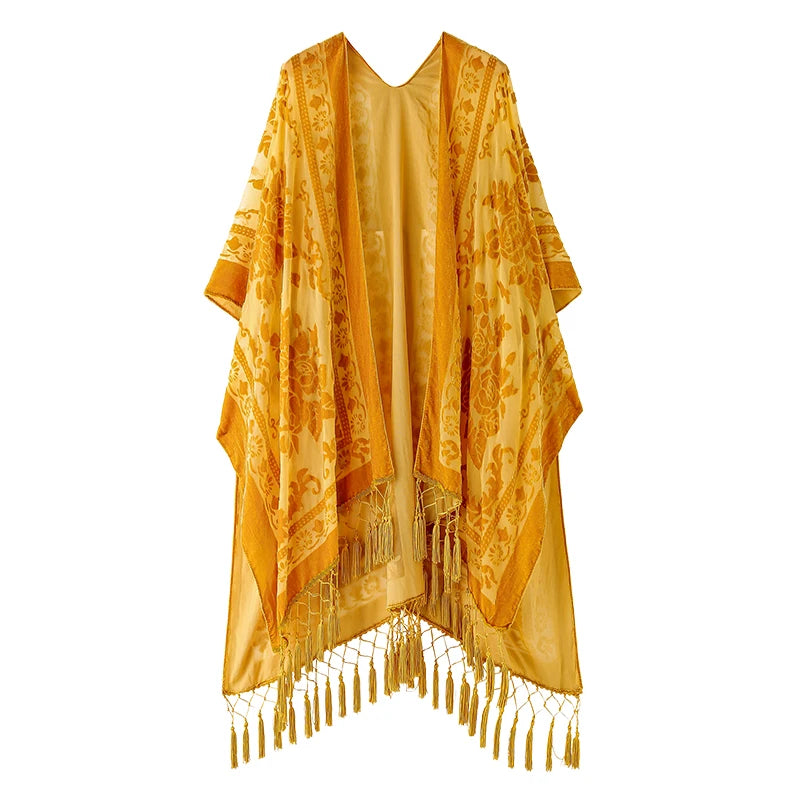 Gold Velvet Kimono Robe Tassel Bridal Bridesmaid Cover Up Women