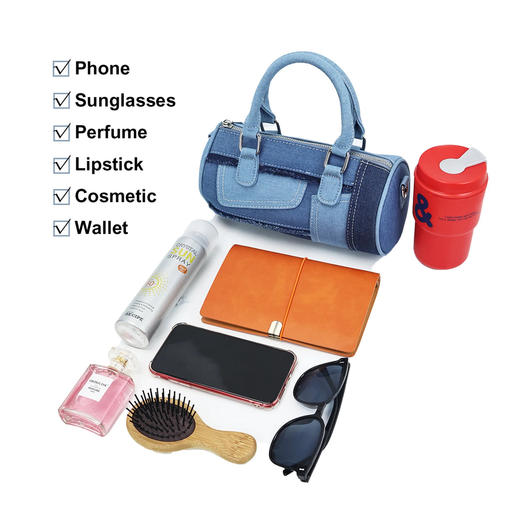 Women's Denim Barrel Duffel Handbag Small Satchel Bag