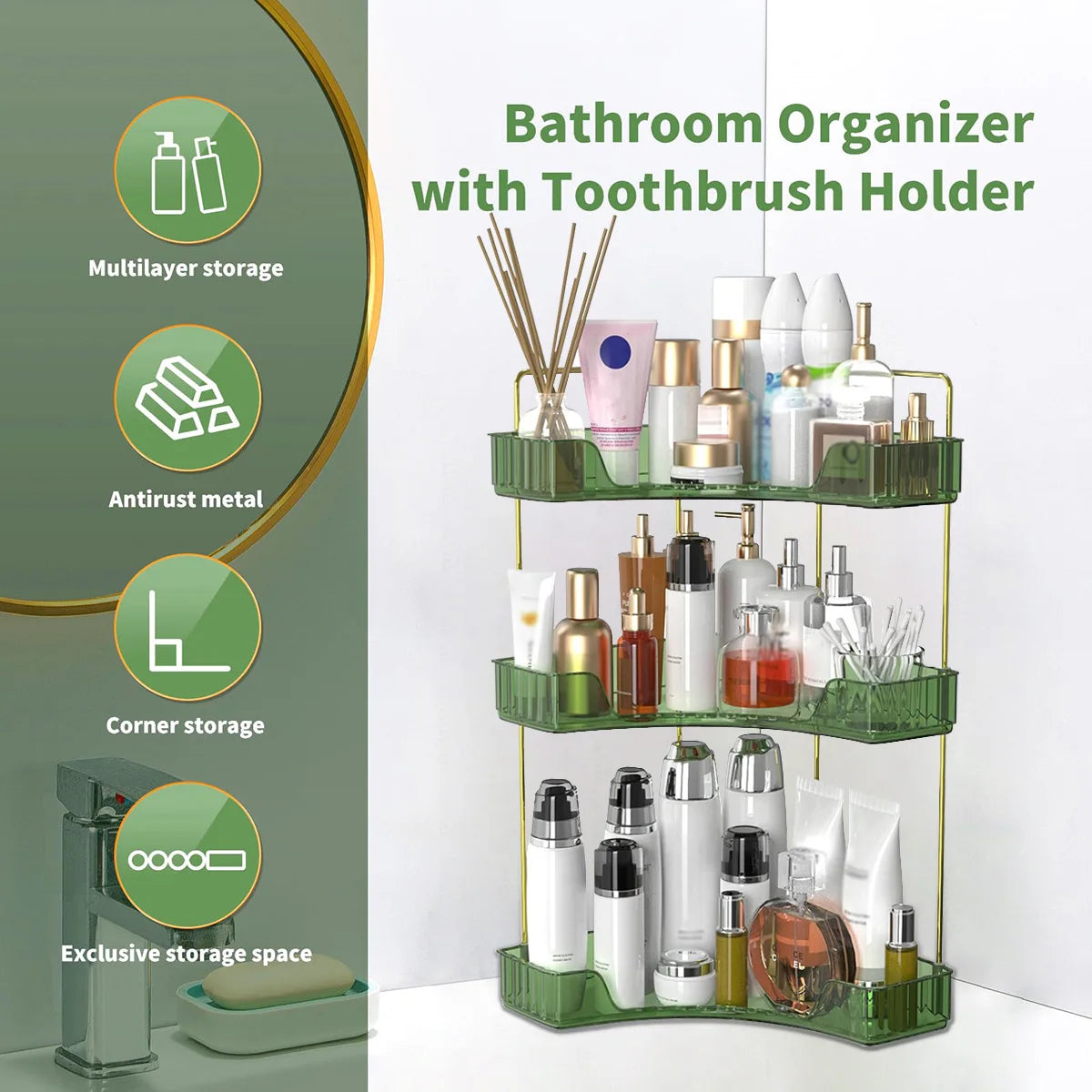 3-Tier Corner Bathroom Countertop Organizer - White