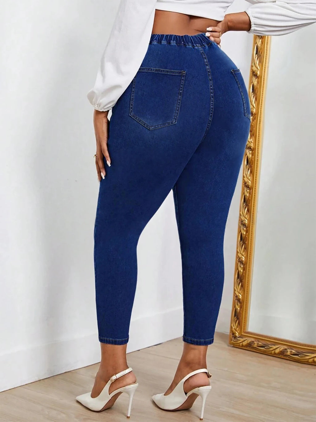 Women Plus Size Navy Skinny Jeans Stretch Mid Rise Denim