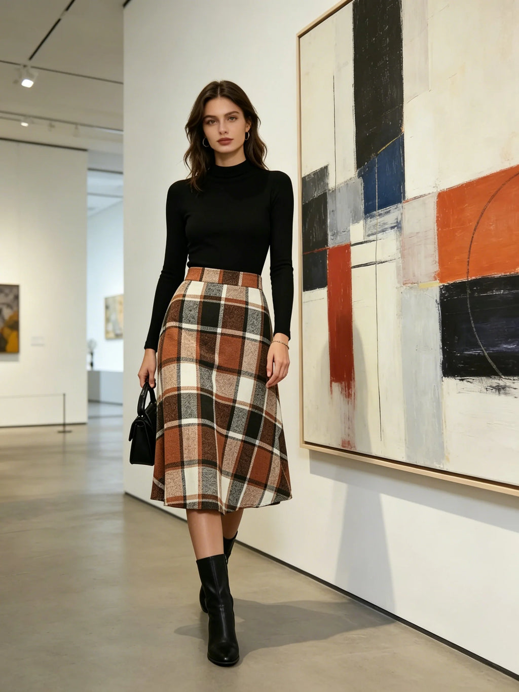 SWEET BABE Women's Brown Plaid A-Line Midi Skirt