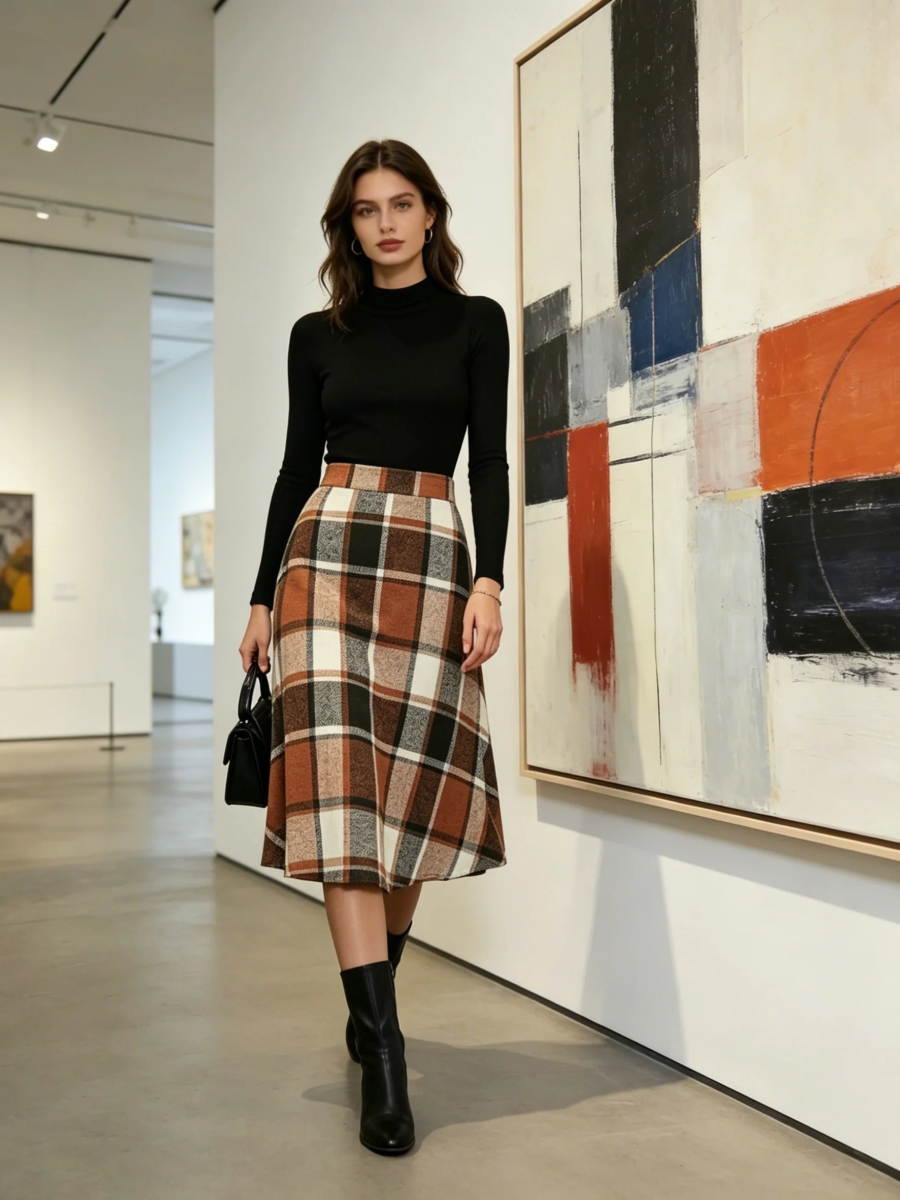 SWEET BABE Women's Brown Plaid A-Line Midi Skirt