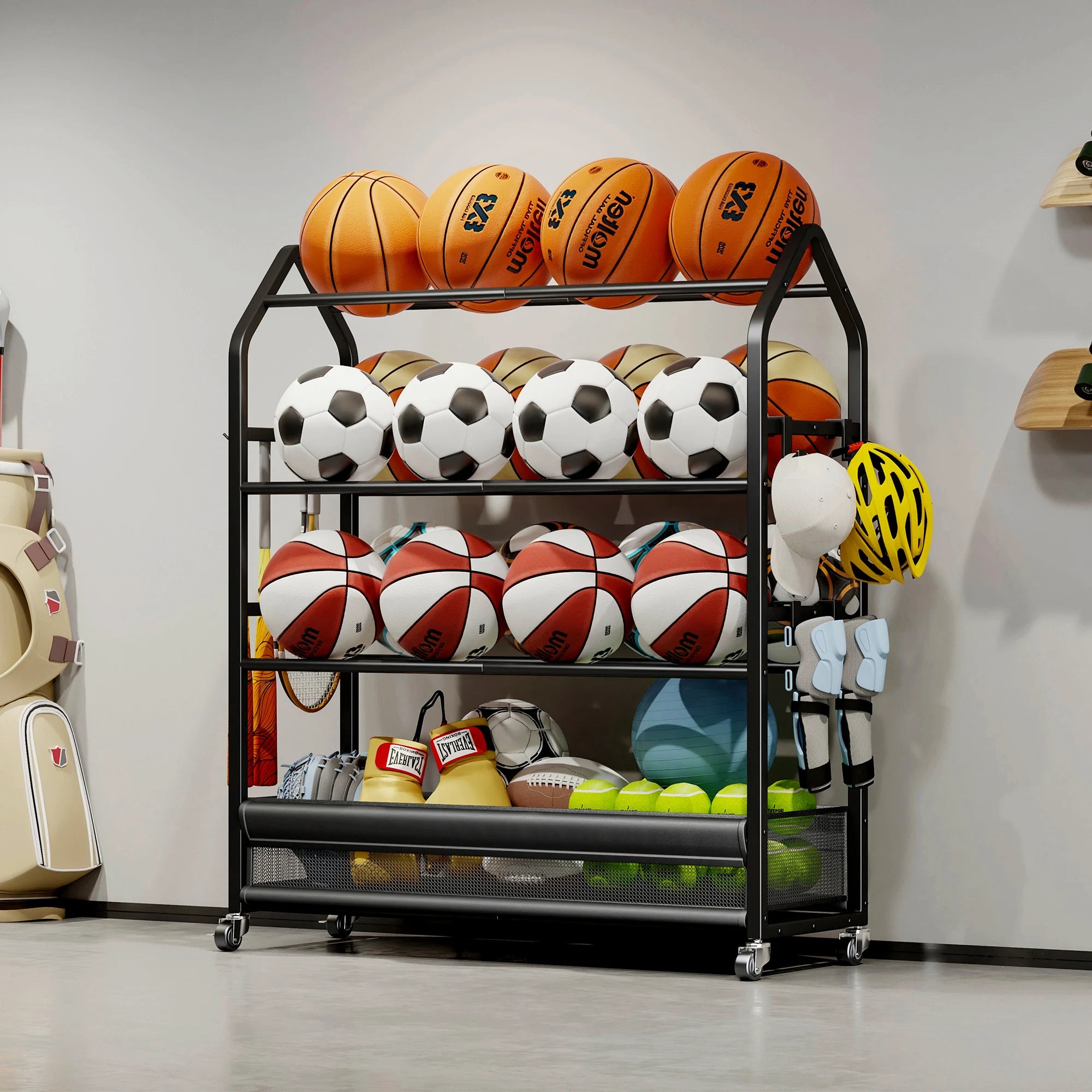Heavy Duty Rolling Sports Equipment Organizer Ball Storage Rack Hooks