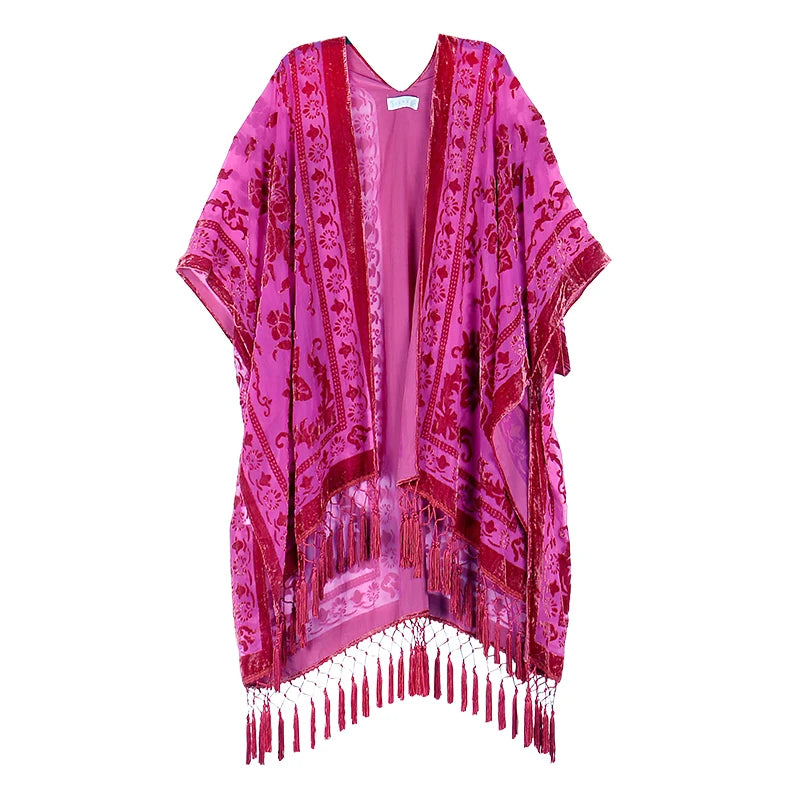 Black Beige Floral Burnout Velvet Kimono Robe Plus Size Women