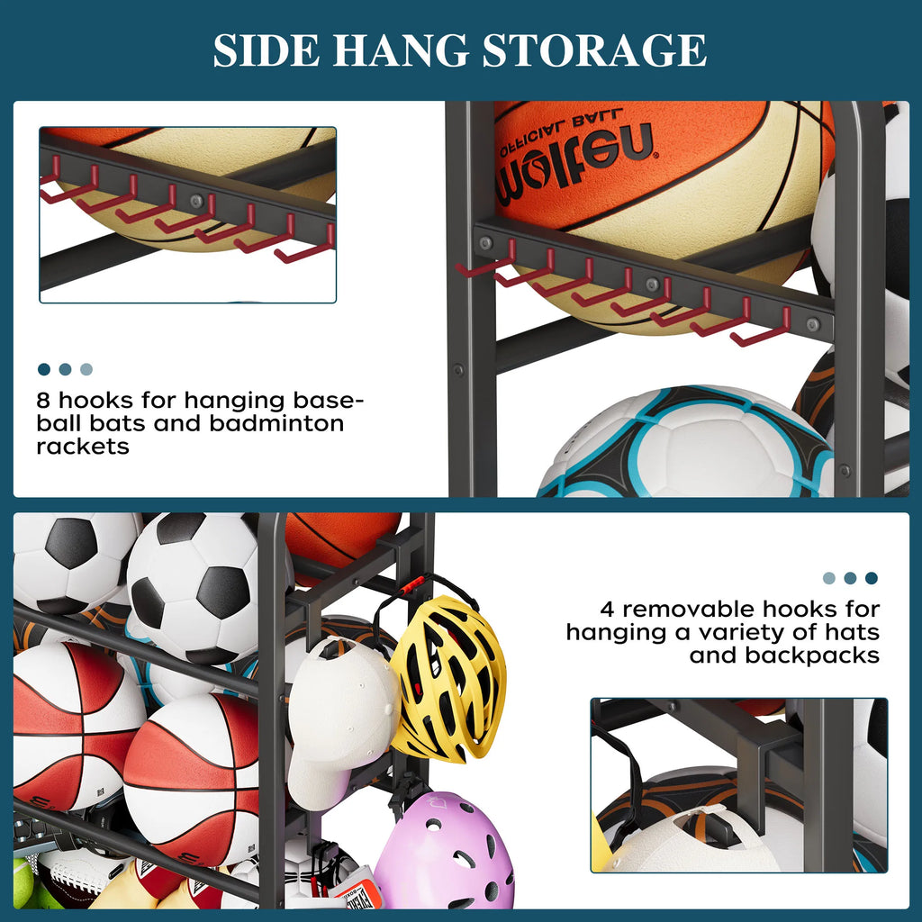 Heavy Duty Rolling Sports Equipment Organizer Ball Storage Rack Hooks