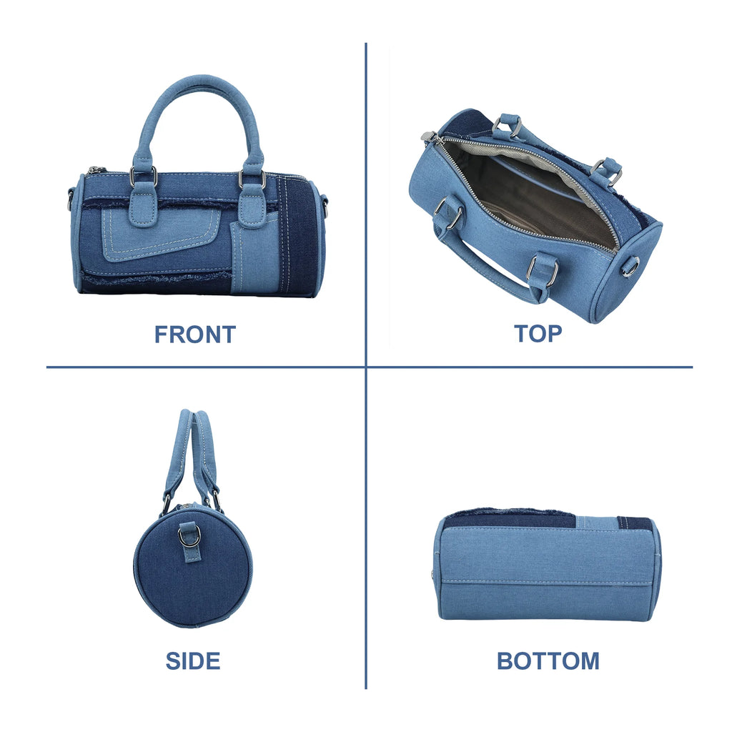 Women's Denim Barrel Duffel Handbag Small Satchel Bag