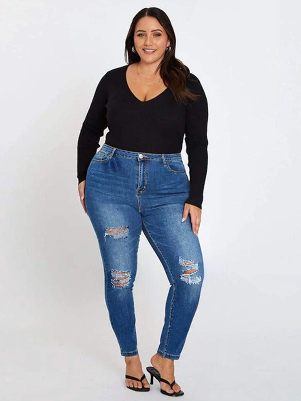 Women Plus Size Blue Ripped Skinny Jeans Stretch Mid Rise Denim