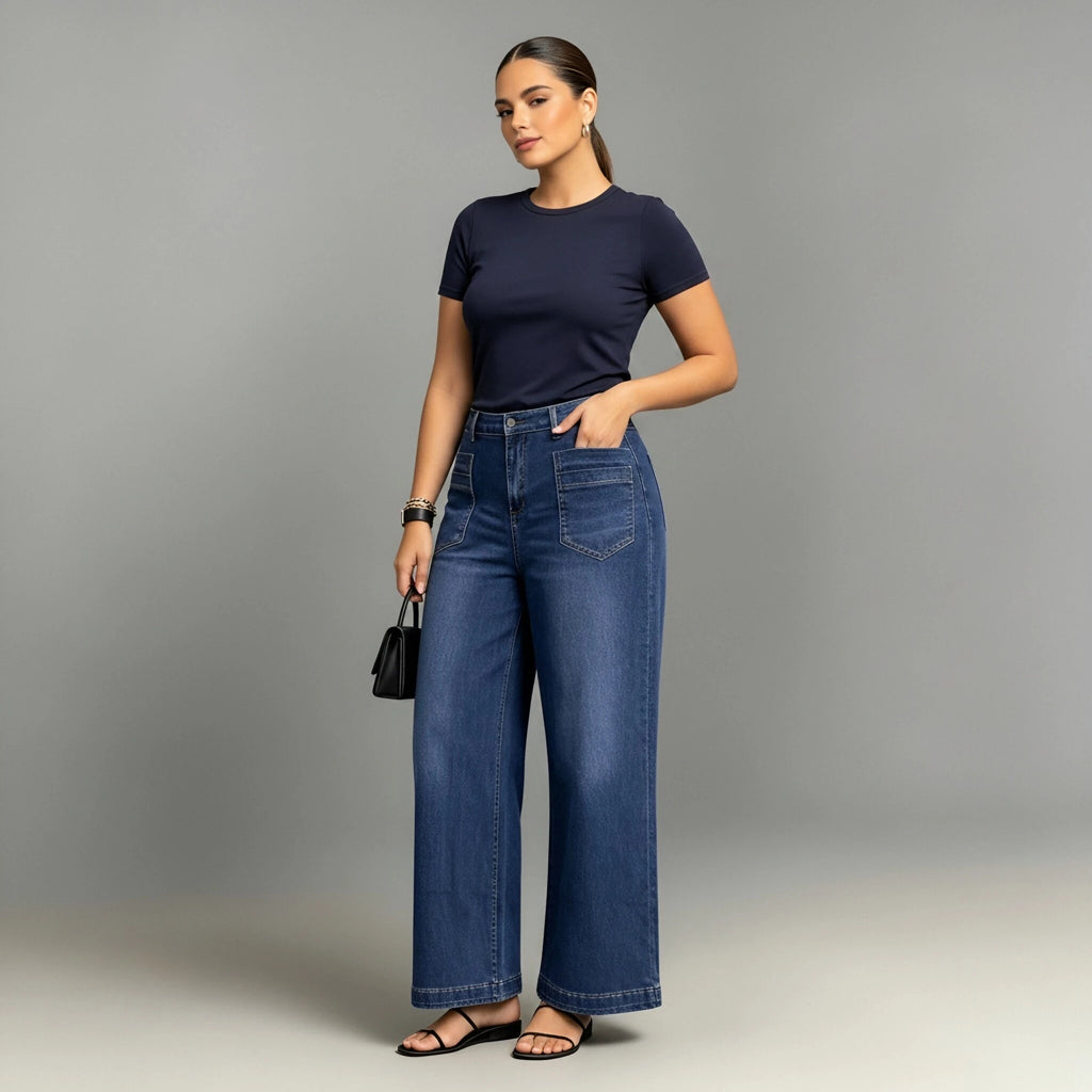 Plus Size Wide Leg Jeans High Waist Blue Denim Front Pocket Curvy Women