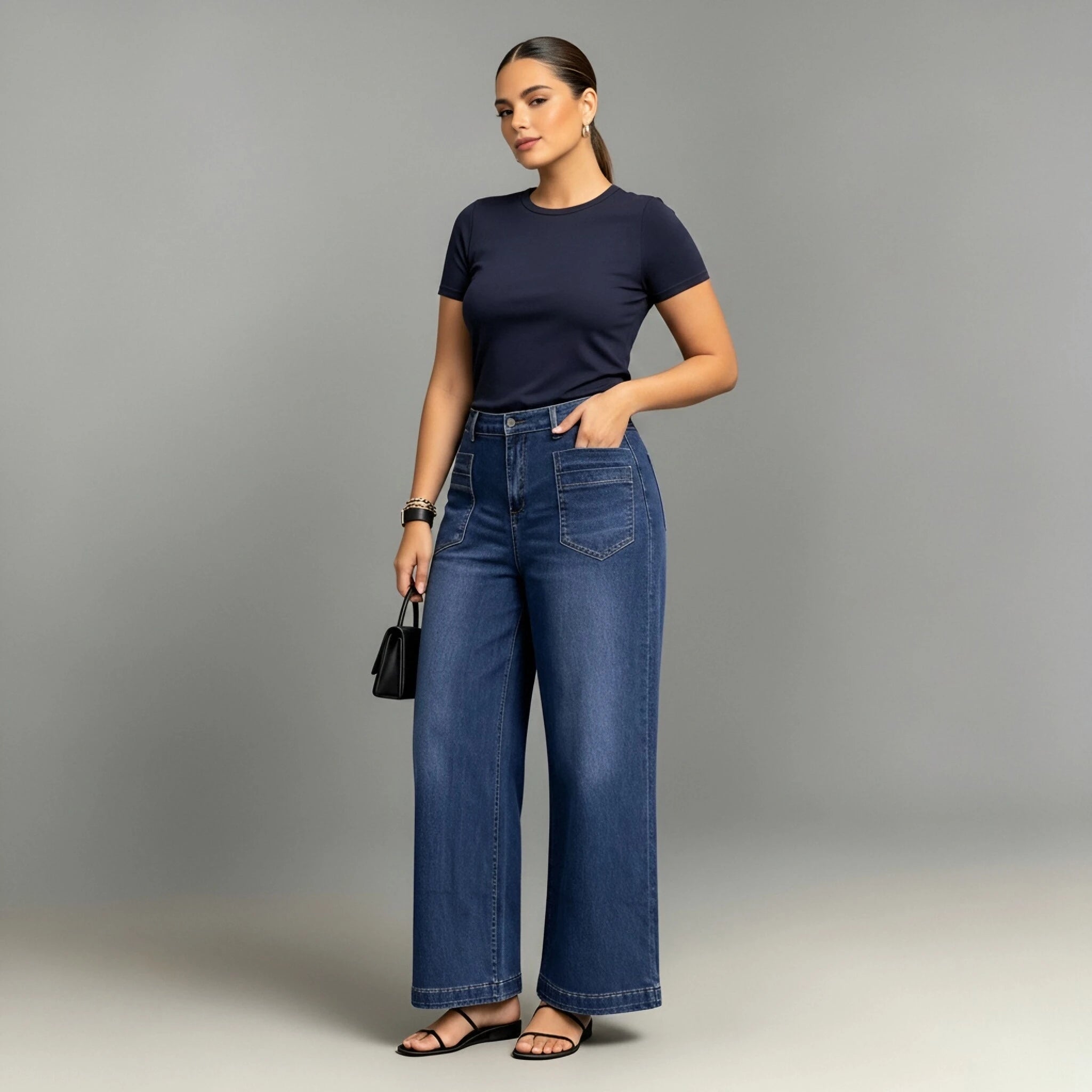 Plus Size Wide Leg Jeans High Waist Blue Denim Front Pocket Curvy Women