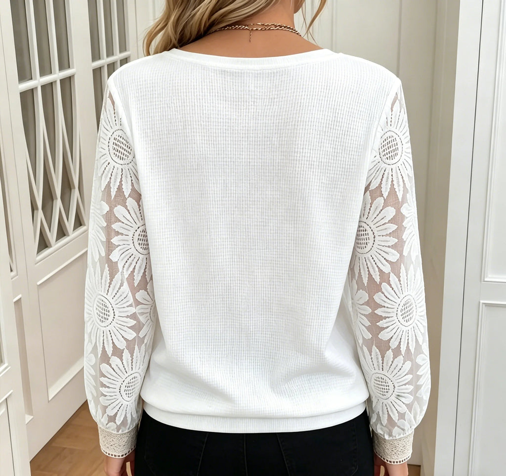 Women White V Neck Lace Sleeve Blouse Loose Fit Office Top