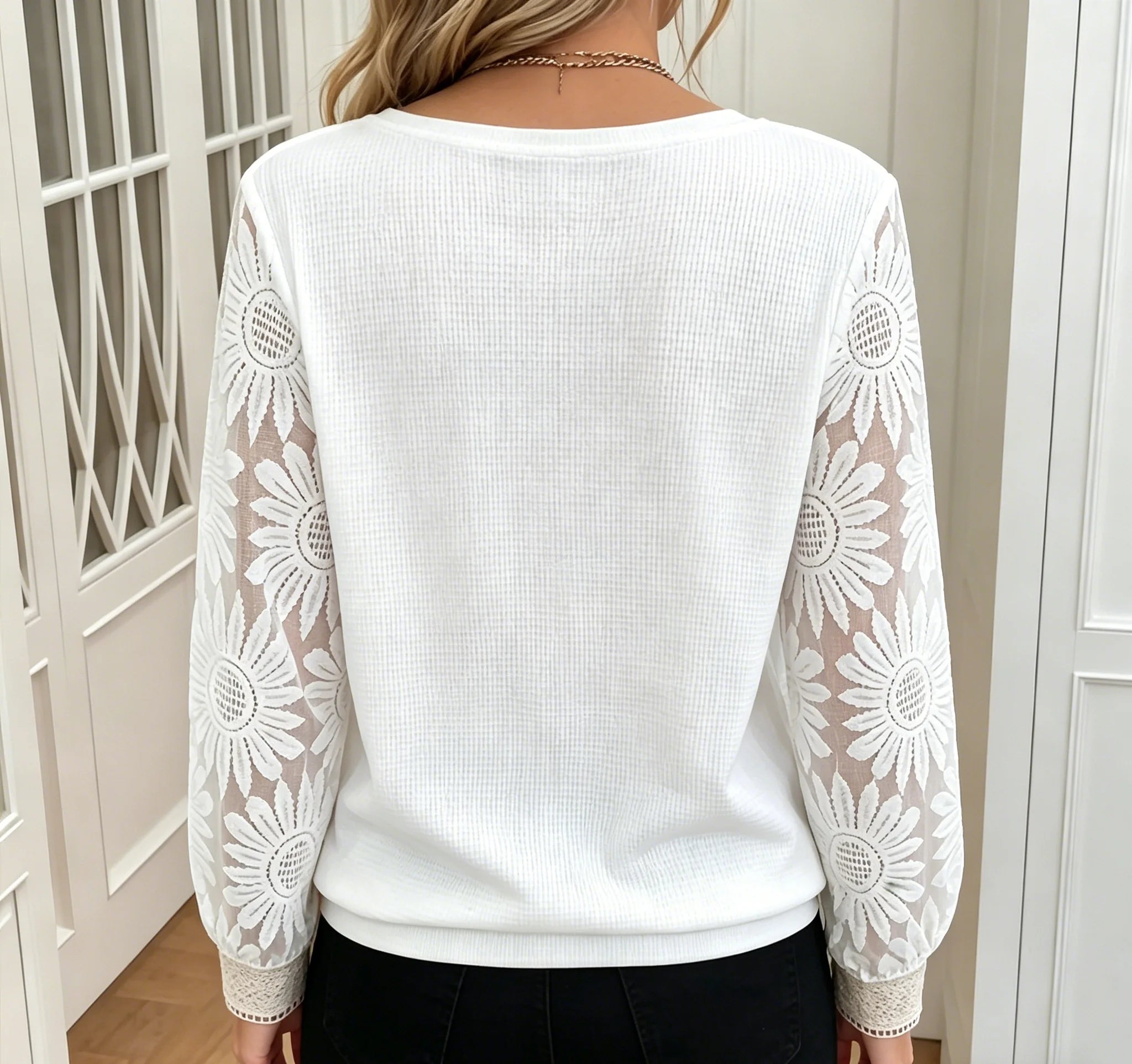 Women White V Neck Lace Sleeve Blouse Loose Fit Office Top