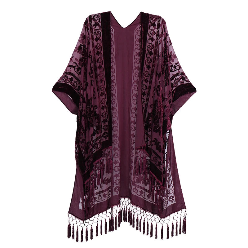 Black Beige Floral Burnout Velvet Kimono Robe Plus Size Women