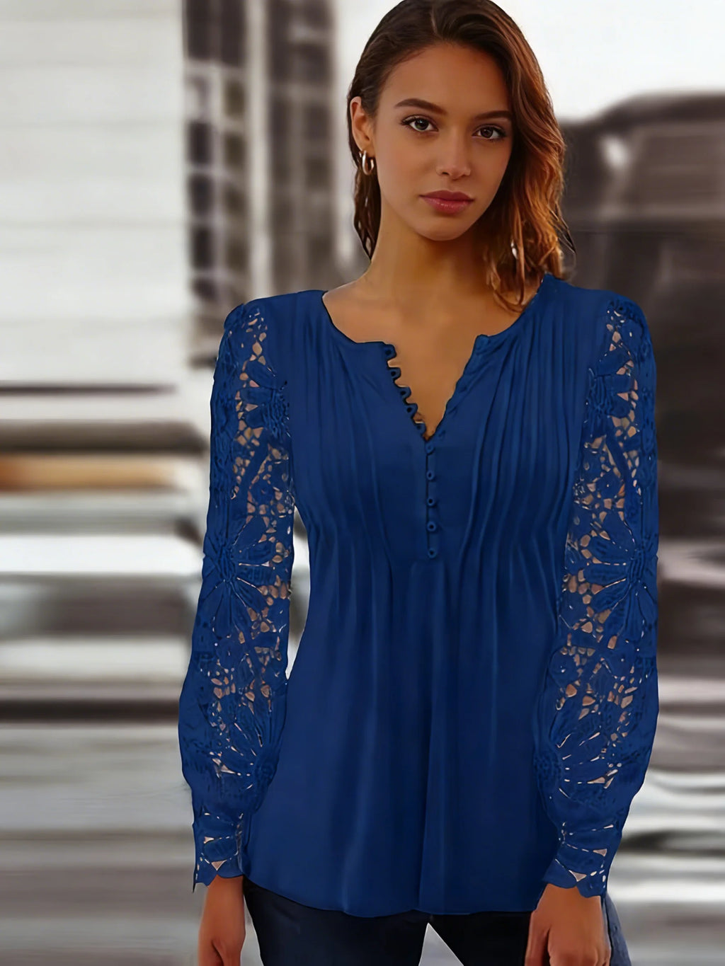 Women Plus Size Blue Lace Long Sleeve V Neck Blouse Loose Fit