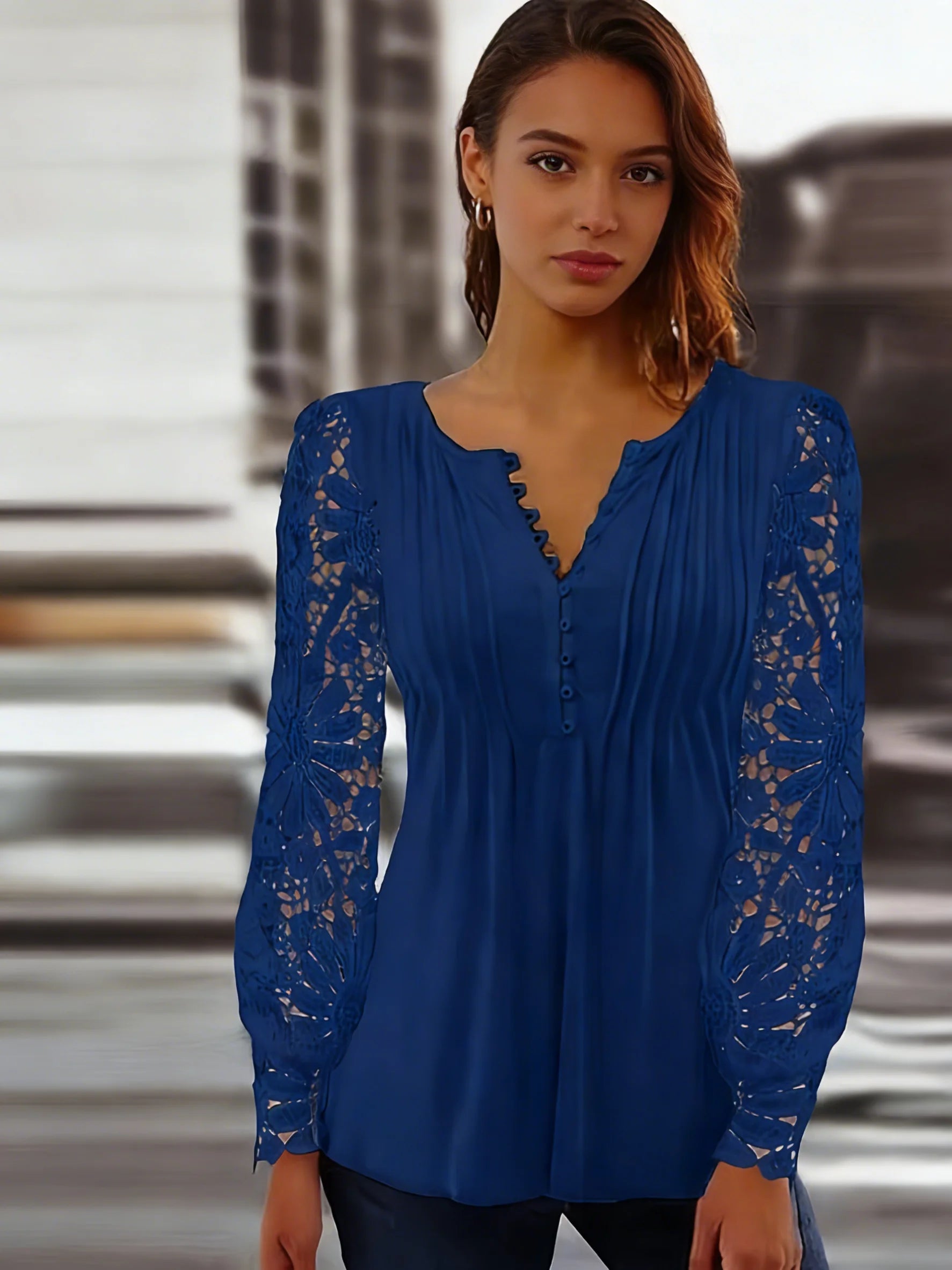 Women Plus Size Blue Lace Long Sleeve V Neck Blouse Loose Fit