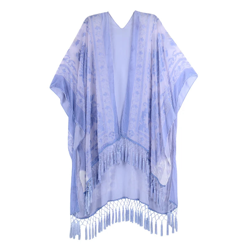 Blue Vintage Burnout Velvet Kimono Cardigan Cover Up Women One Size