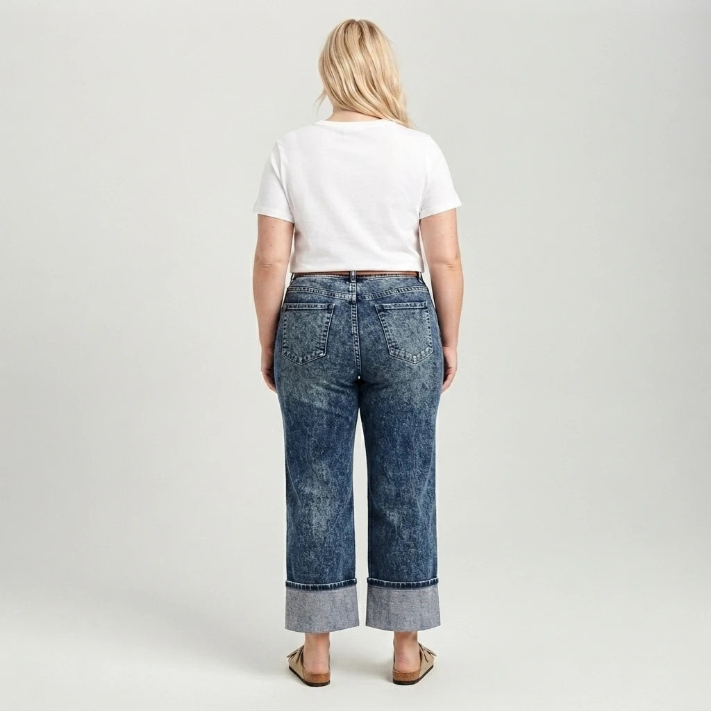 Women Plus Size Black Cuffed Jeans Vintage High Waist Straight Leg Denim