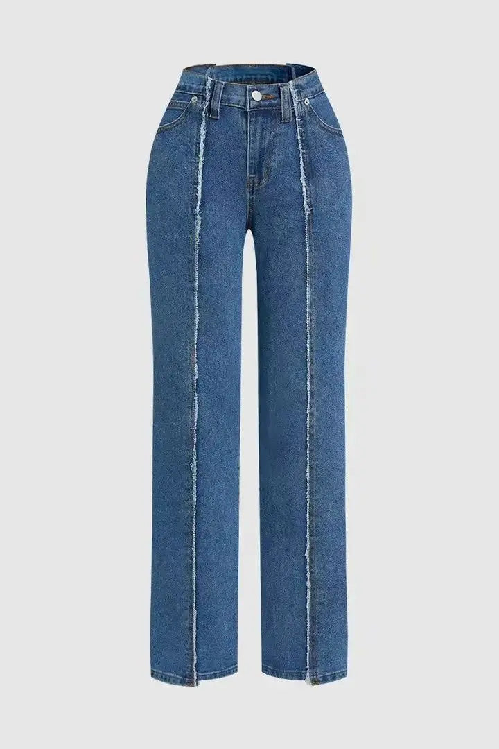 Women Vintage Wide Leg Jeans Medium Blue Contrast Seam Loose Fit