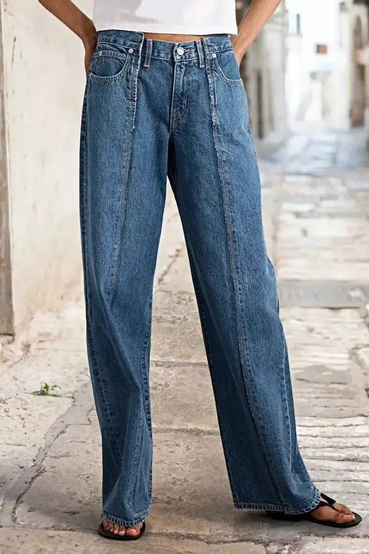 Women Vintage Wide Leg Jeans Medium Blue Contrast Seam Loose Fit