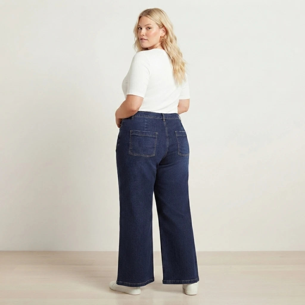 HME Women's Plus Size Dark Blue Wide Leg Jeans with Front Pockets