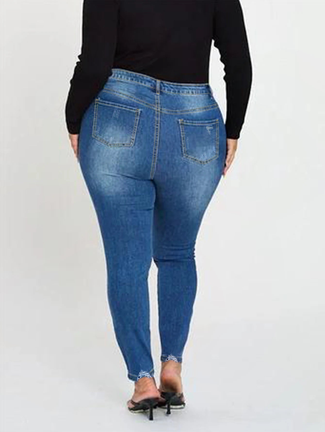 Women Plus Size Blue Ripped Skinny Jeans Stretch Mid Rise Denim