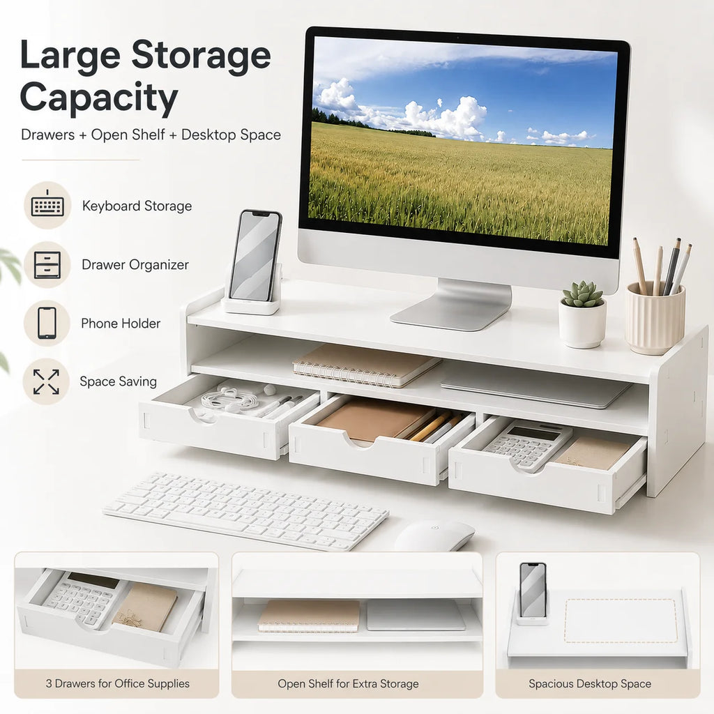 White Desktop Monitor Stand with 3 Storage Drawers