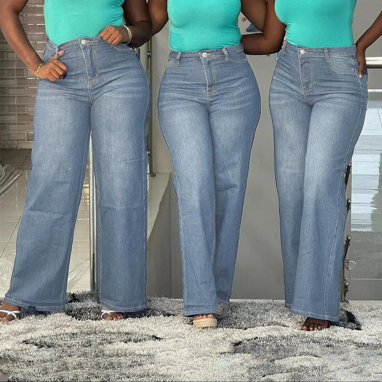 Women Plus Size Light Blue Wide Leg Jeans High Waist Stretch Denim