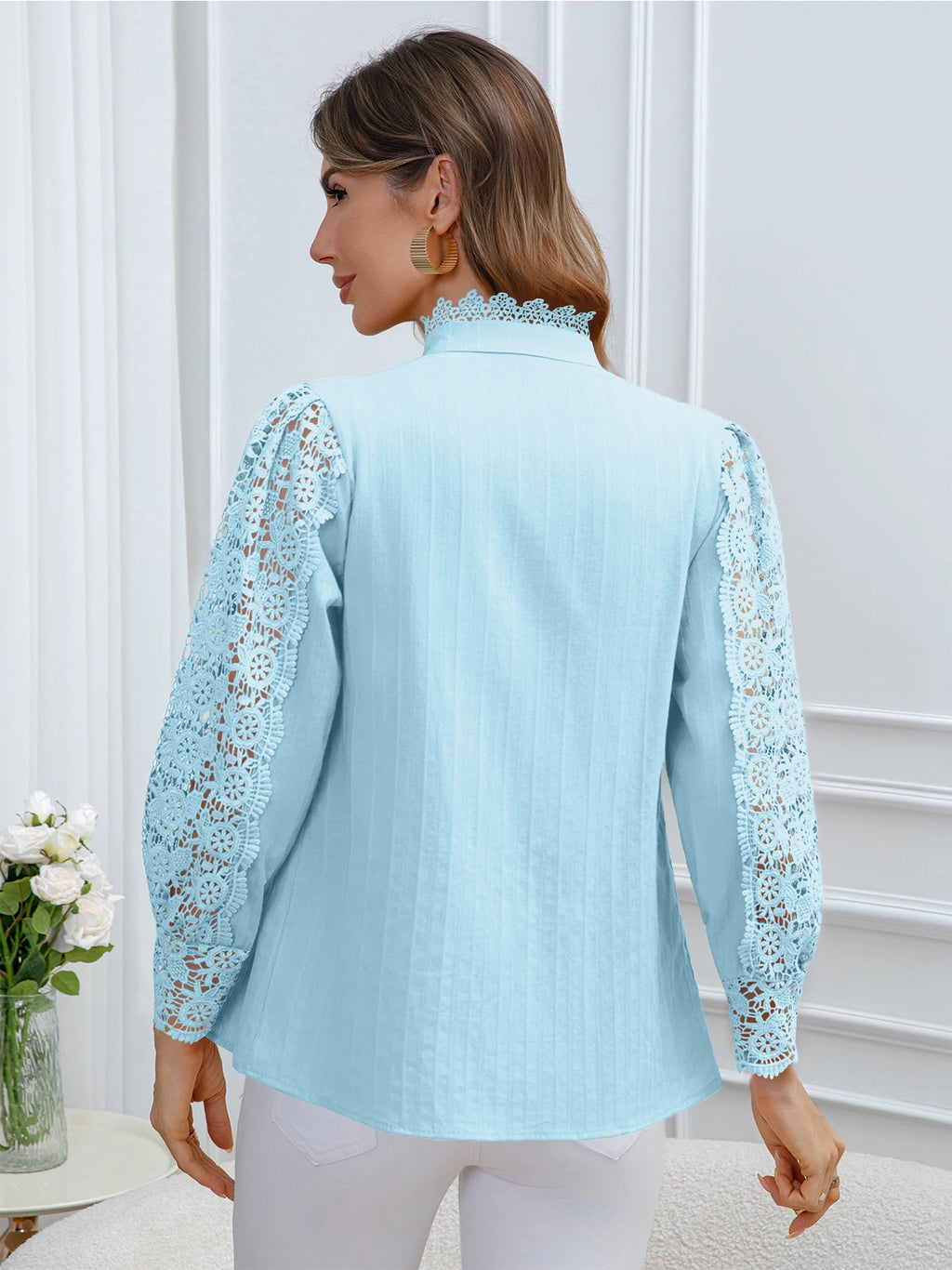 Sweet Babe Light Blue Lace Panel Long Sleeve Blouse