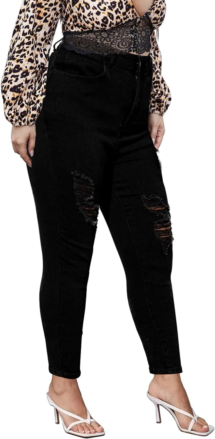 Women Plus Size Black Ripped Skinny Jeans High Waist Distressed Denim