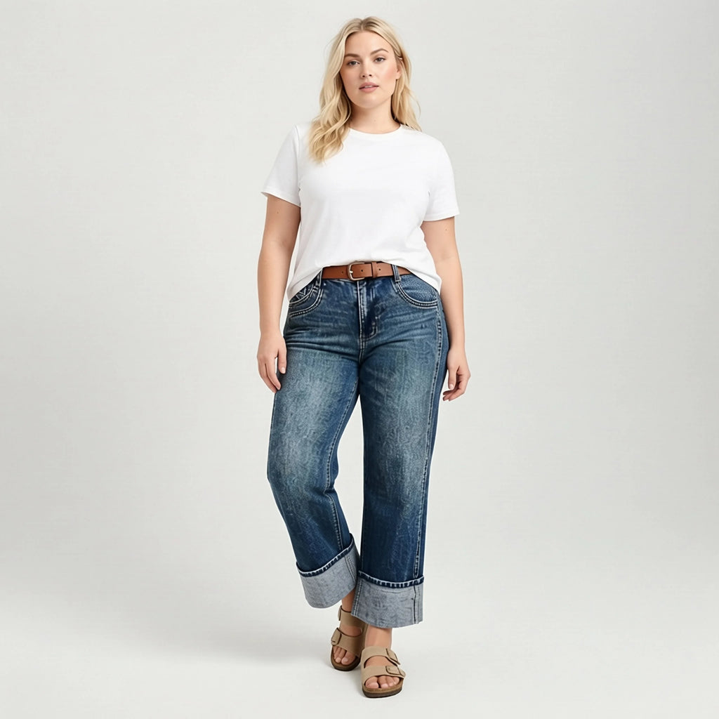 Women Plus Size Black Cuffed Jeans Vintage High Waist Straight Leg Denim