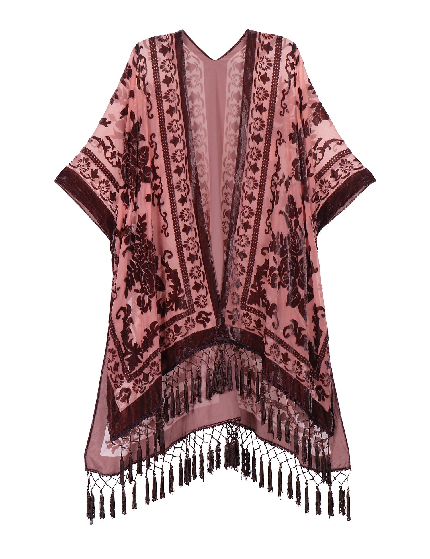 Black Beige Floral Burnout Velvet Kimono Robe Plus Size Women
