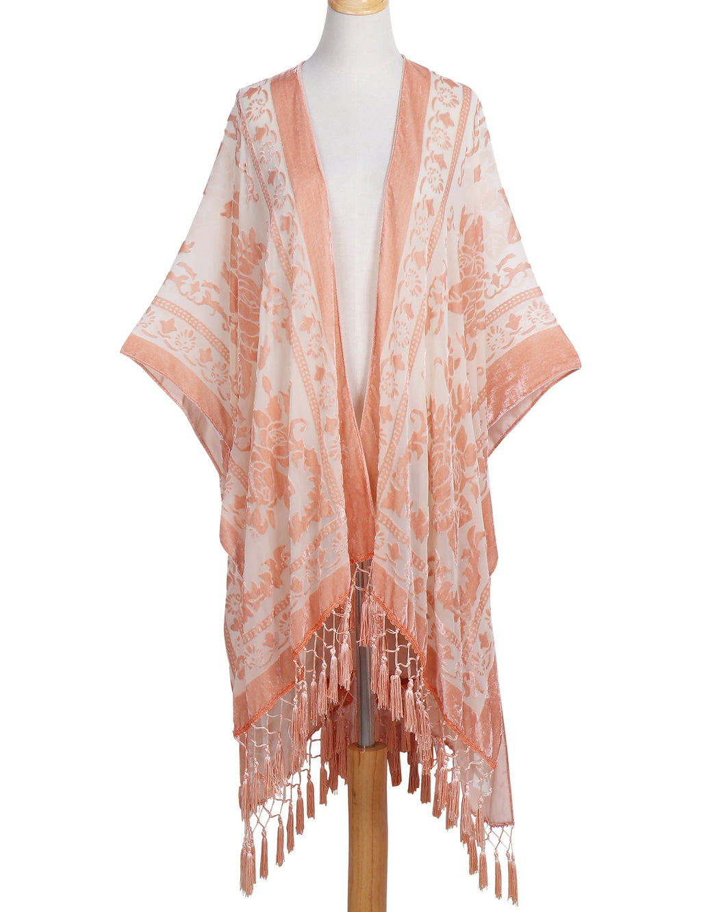 Orange Floral Burnout Velvet Kimono Tassel Shawl Wrap Women 108x90cm