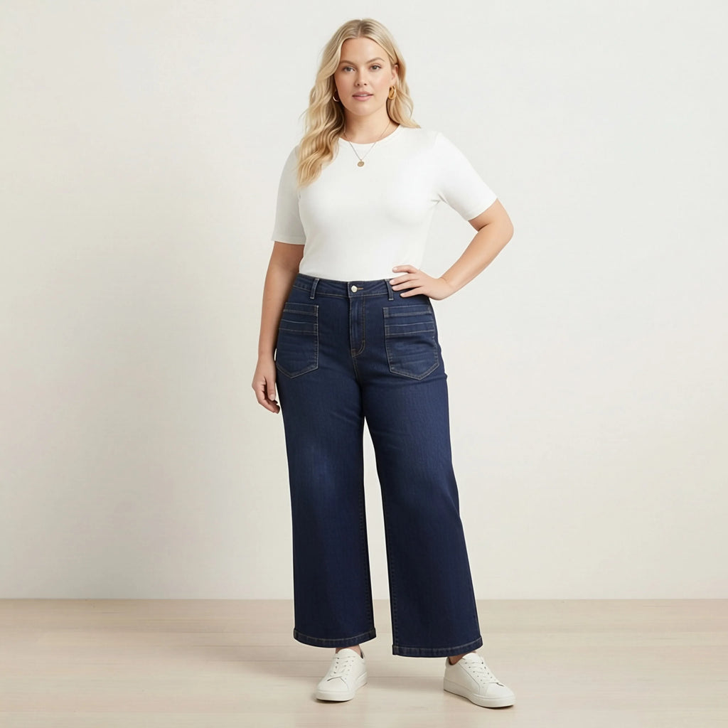 HME Women's Plus Size Dark Blue Wide Leg Jeans with Front Pockets
