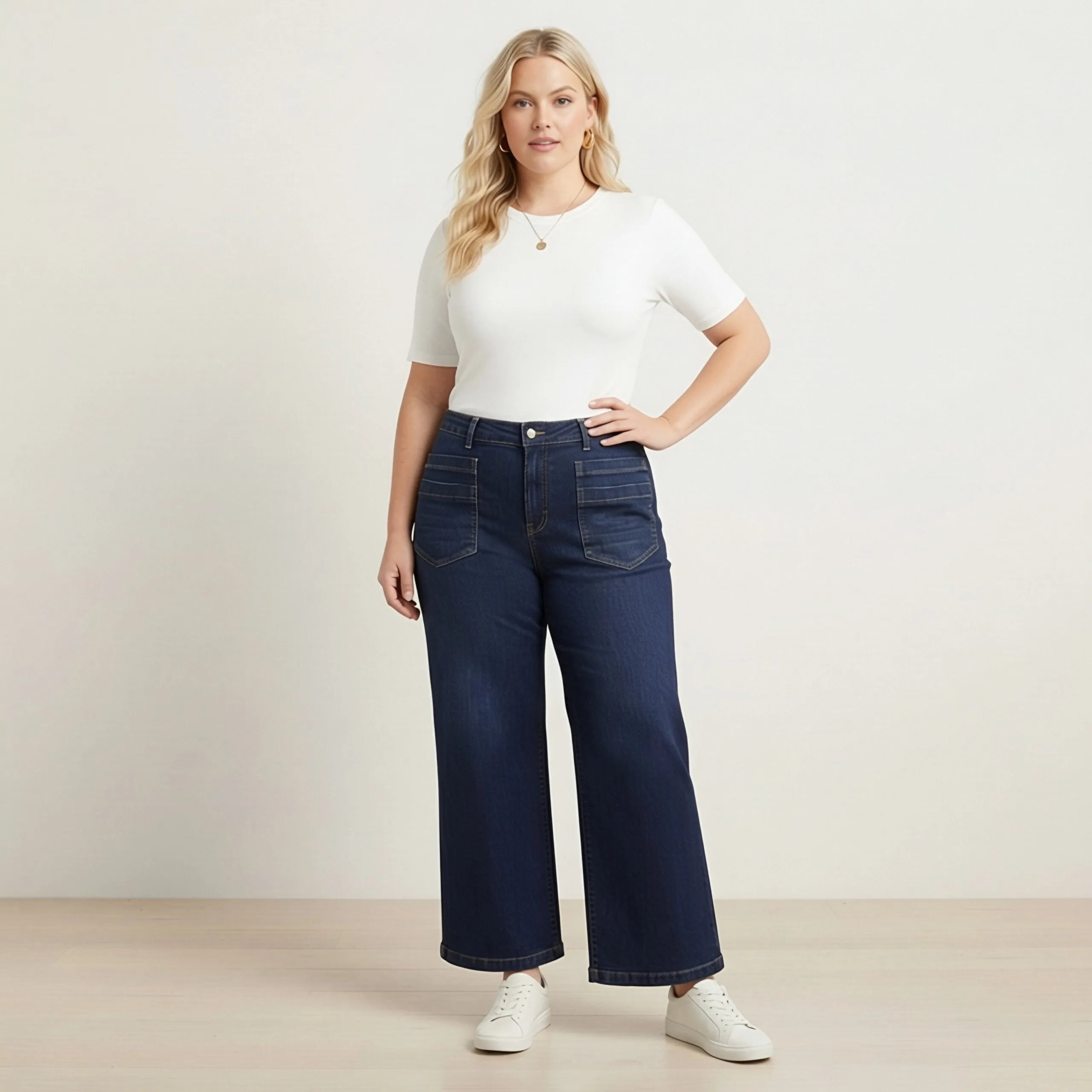 HME Women's Plus Size Dark Blue Wide Leg Jeans with Front Pockets