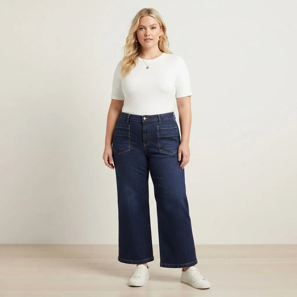 HME Women's Plus Size Dark Blue Wide Leg Jeans with Front Pockets