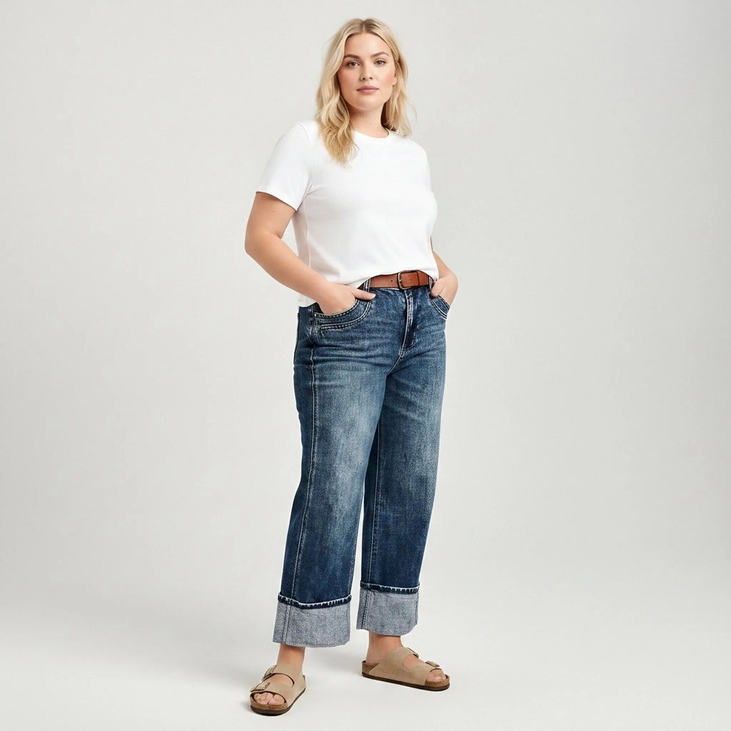 Women Plus Size Black Cuffed Jeans Vintage High Waist Straight Leg Denim