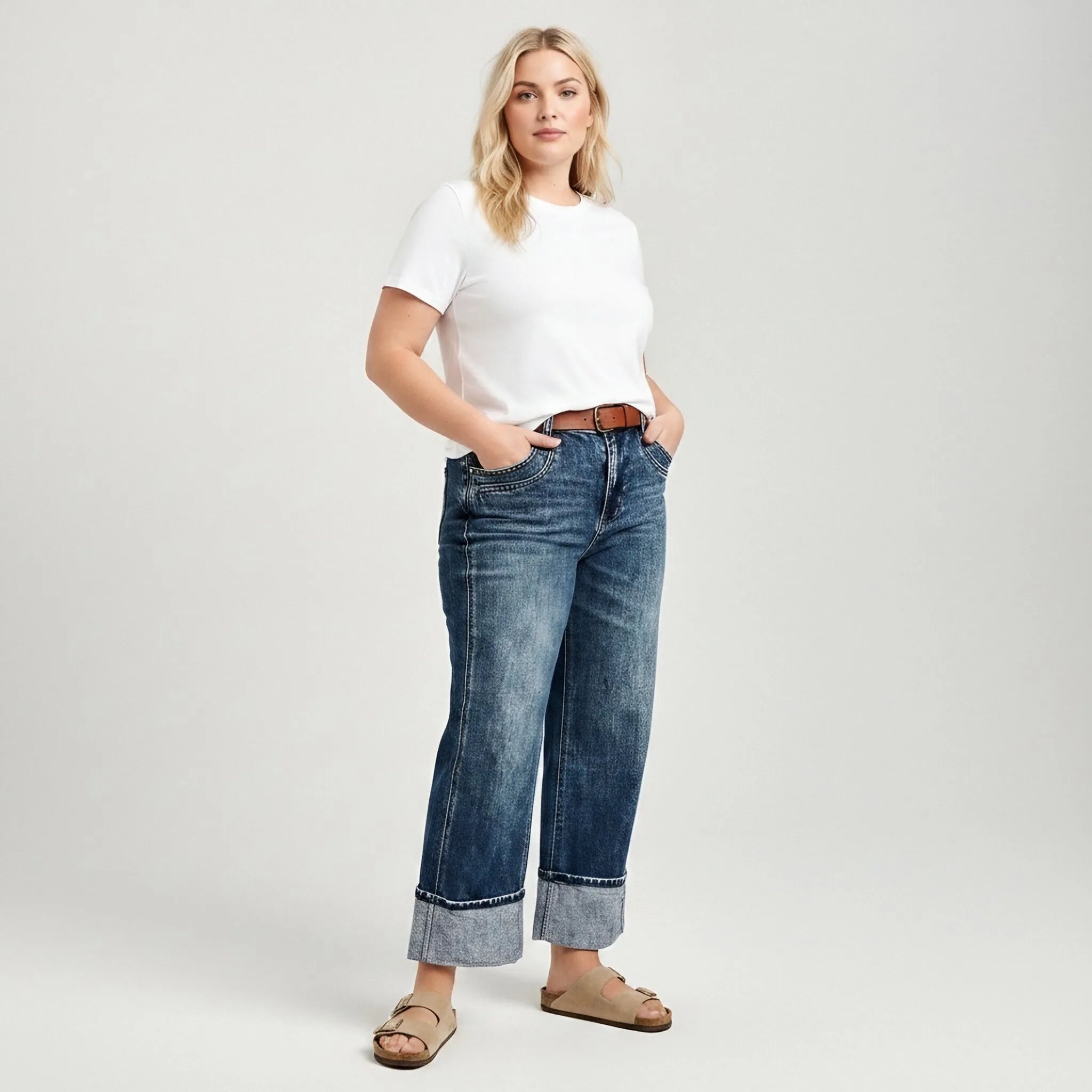 Women Plus Size Black Cuffed Jeans Vintage High Waist Straight Leg Denim